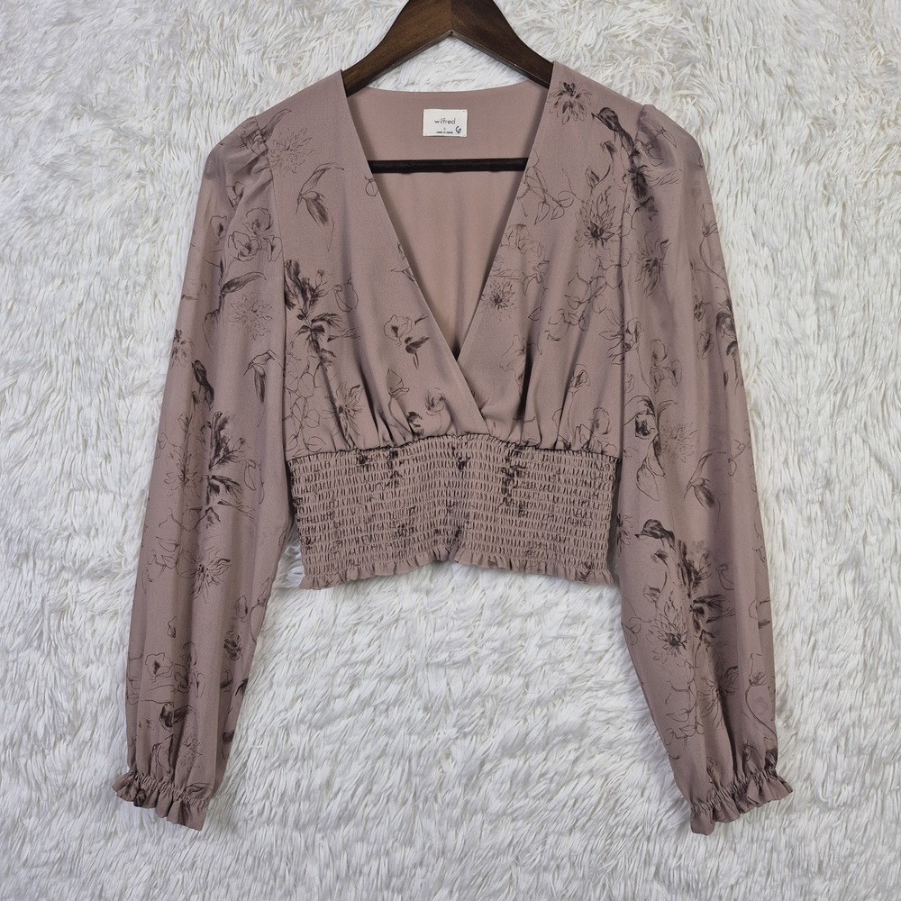 Wilfred Wistful Mauve Long Sleeve Smocked Crop Top Womens S Cottage Floral